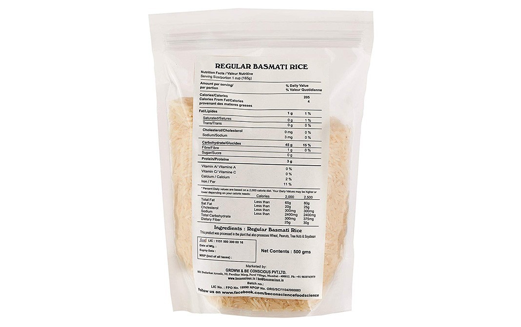 Be Conscious Regular Basmati Rice    Pack  500 grams